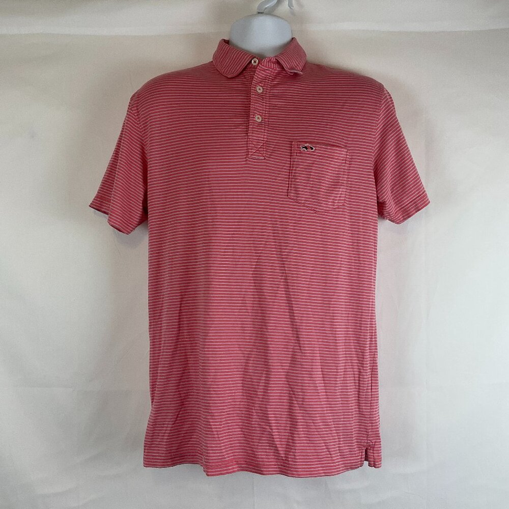 Fish Hippie Men's Polo Shirt M Pink Gray Stripe Collar Short Sleeve Pocket